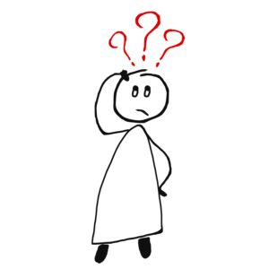 Stick figure looking stressed in black and white, with 3 red question marks around its head.